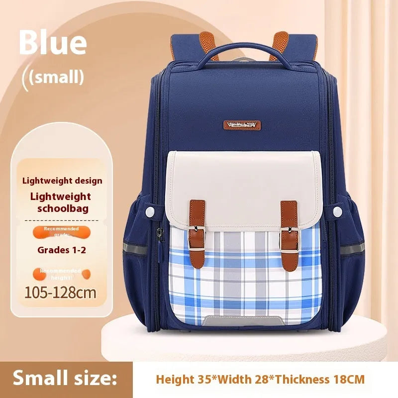 Lightweight Oxford cloth school backpack for students in navy blue, shown in a classroom setting.