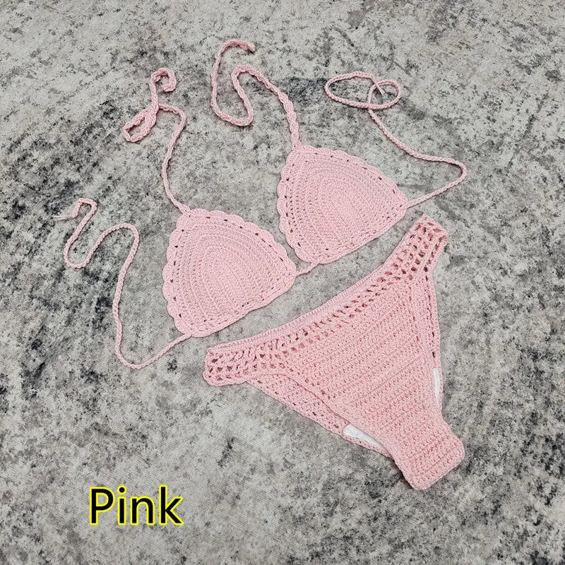 Women's handmade crochet bikini and matching beach skirt swimsuit set in acrylic fabric