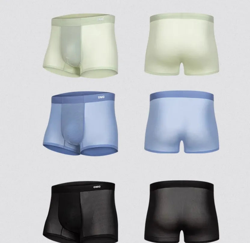 Men's lightweight seamless antibacterial sports underwear shown in black, blue, green, and silver colour options.