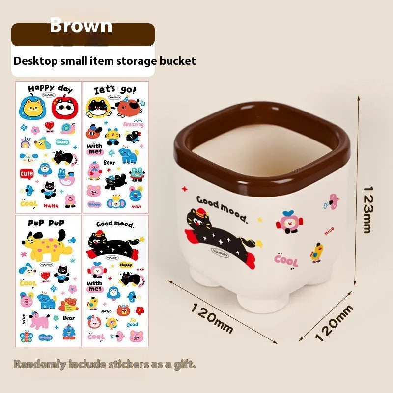 Cartoon design plastic desktop organiser with storage box, pen container, tissue box and coin bank accessories in red and brown colours