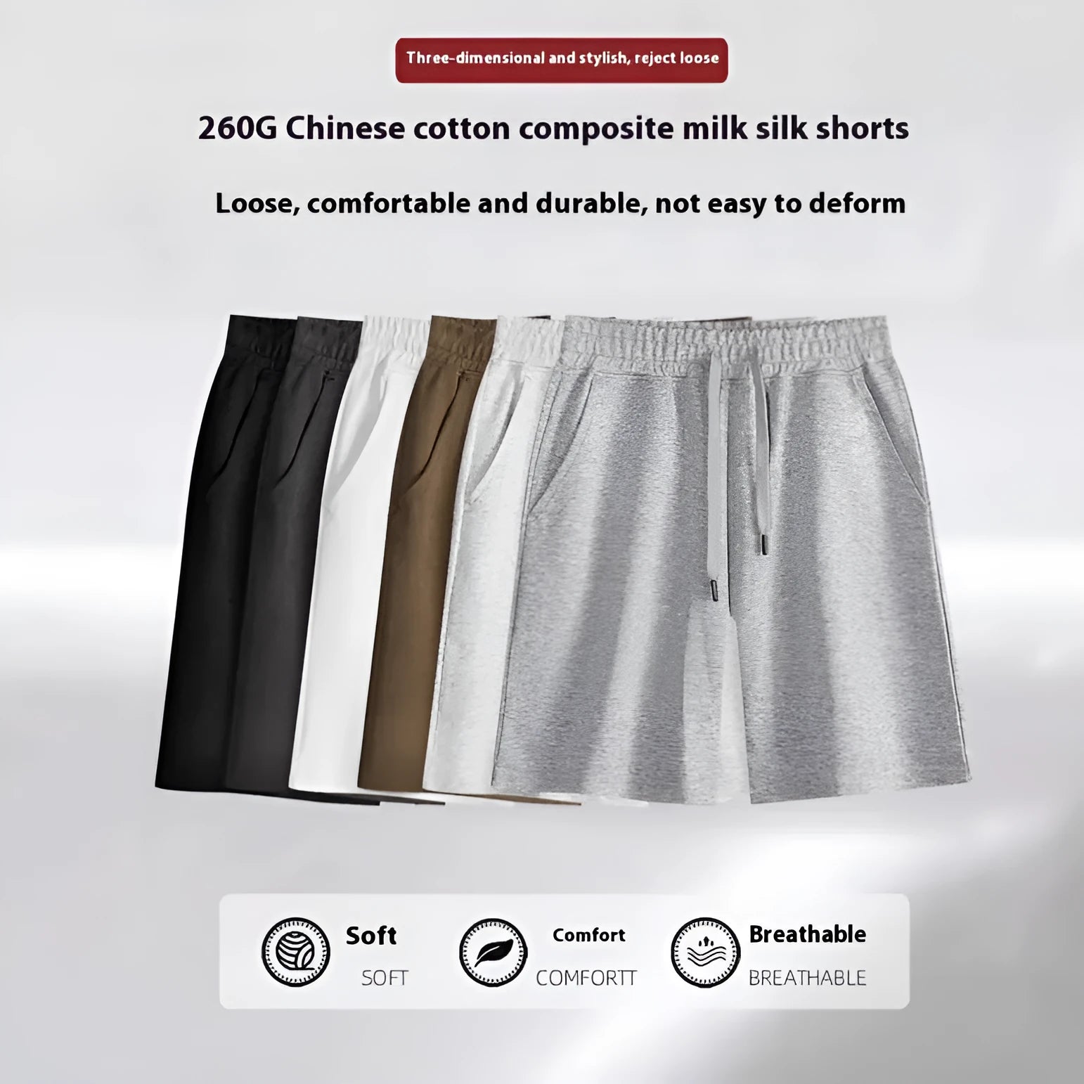 Straight leg cotton sports shorts in light grey on a neutral background.