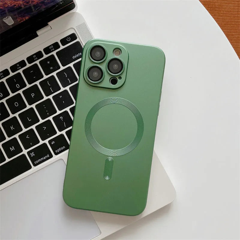 iPhone case with dark purple aluminium alloy frame and black PC back, showing glass camera lens cover.