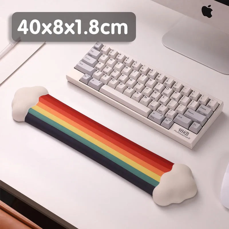 Silicone desk mat set with cloud-patterned wrist support and keyboard rest