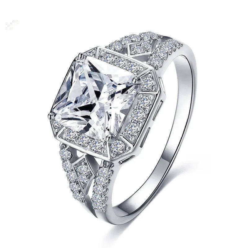 Women's geometric zircon ring with hollow design and platinum colour plating