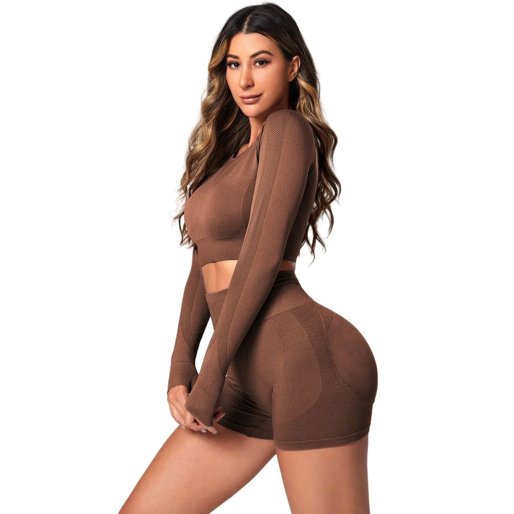 Women's black high-waisted yoga suit set with long sleeves, showing front and back view.
