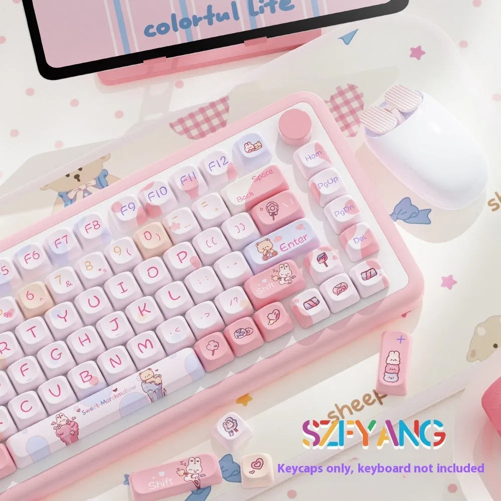 Sweet cotton candy coloured PBT plastic keycap set for mechanical keyboards, showing 112-key and 120-key options.