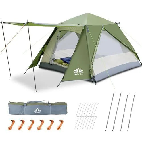 Dark green two-person automatic pop-up camping tent with dimensions 2.9m long by 2m wide