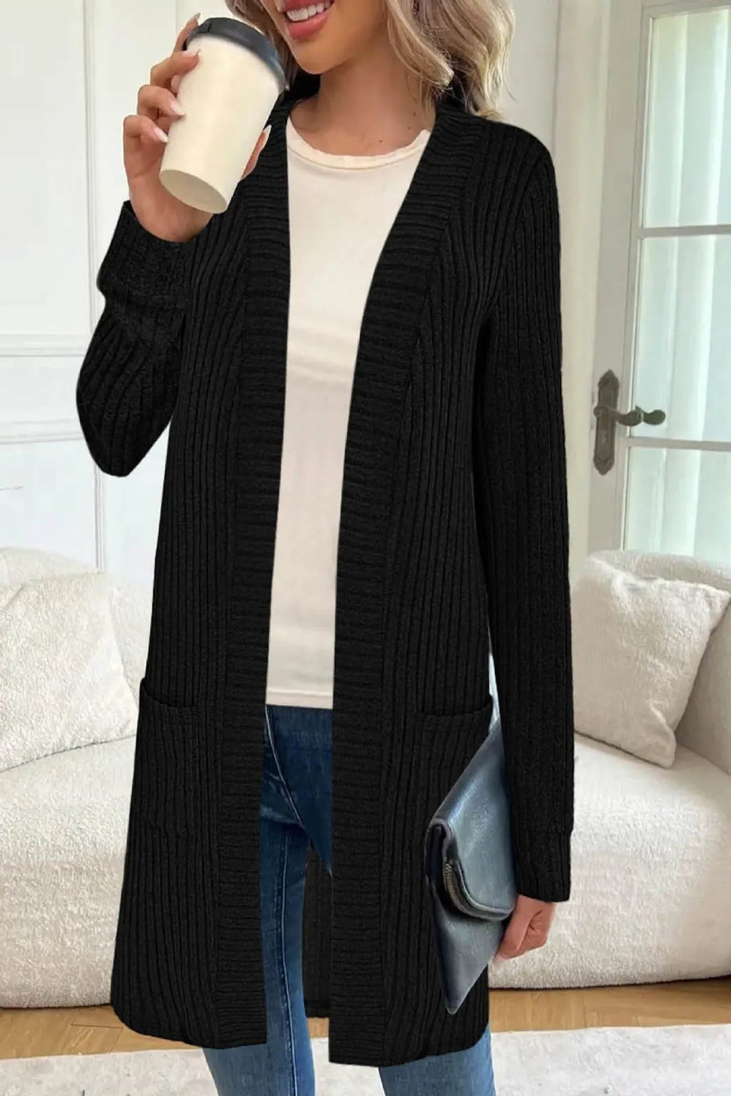 Long sleeve loose fit knitted cardigan jacket in black, grey, or wine red with pockets.