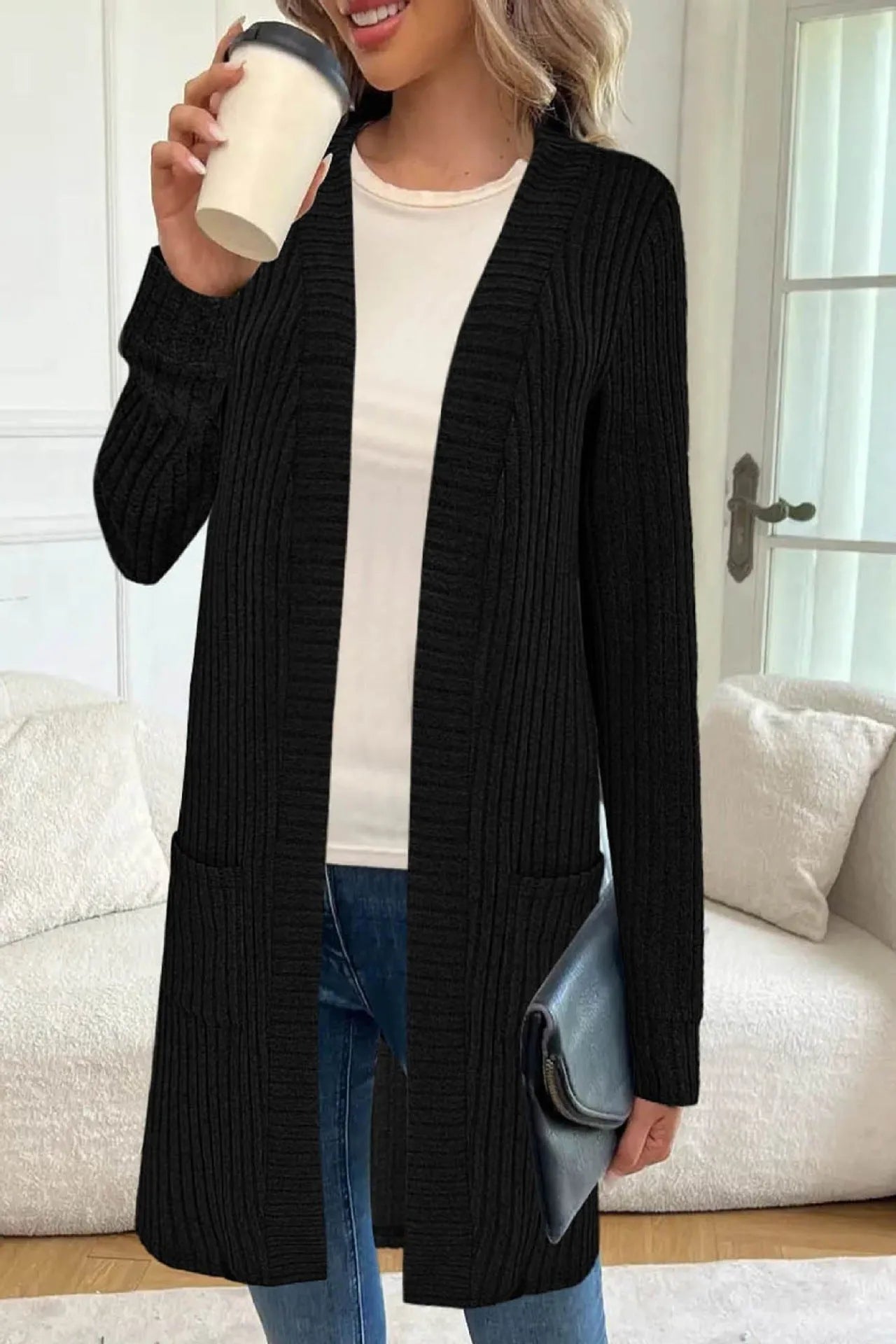 Long sleeve loose fit knitted cardigan jacket in black, grey, or wine red with pockets.