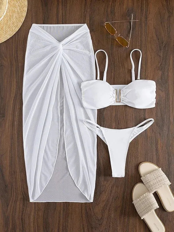 Women's three-piece bikini swim set with long culotte bottoms in multiple colour options