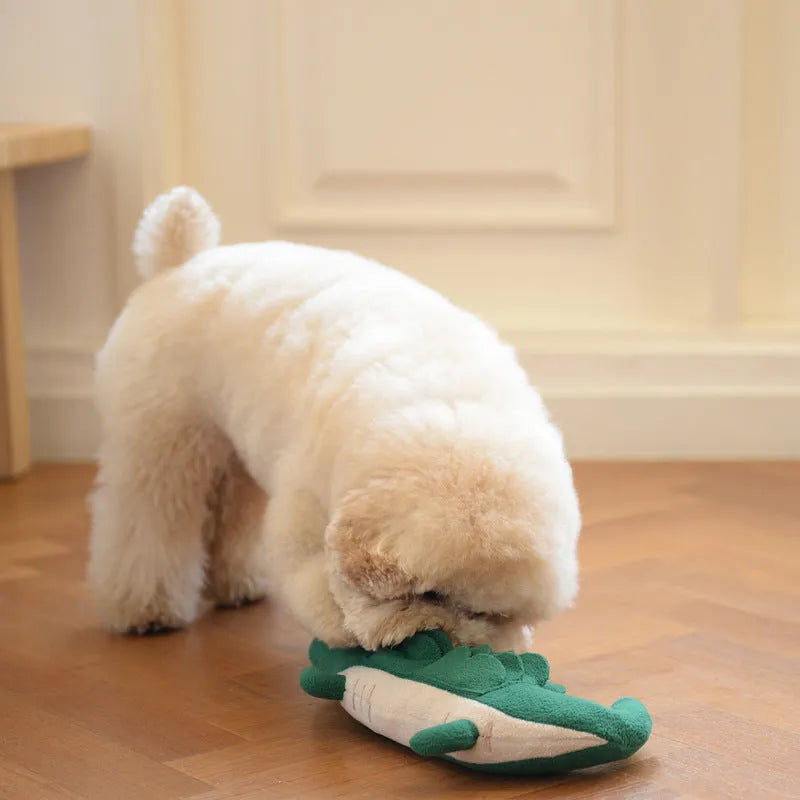 Green plush toy dog measuring 35cm long by 18cm high for interactive pet play