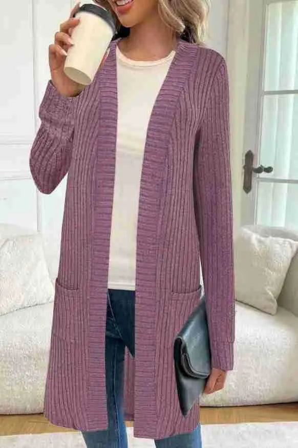 Long sleeve loose fit knitted cardigan jacket in black, grey, or wine red with pockets.