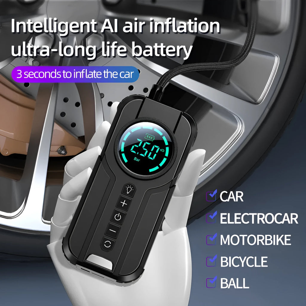 Black wireless portable car air pump with digital display, 6000mAh battery, and accessories including nozzles and power cord on a grey background.