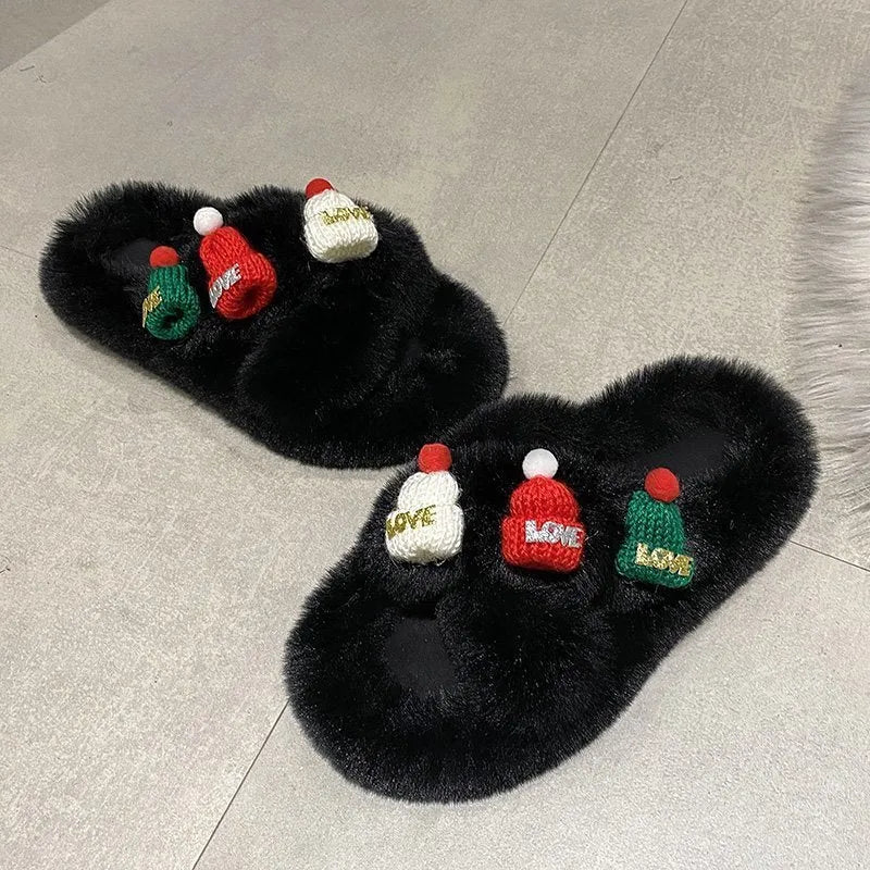 Women's Christmas hat decoration slippers in faux plush, showing black, khaki, and white colour options.