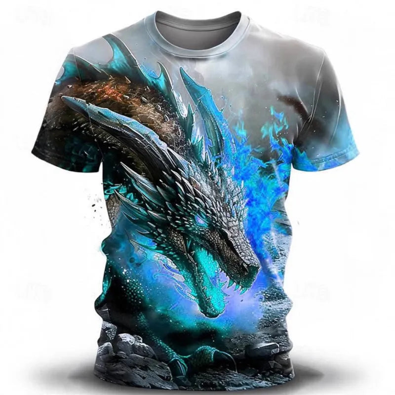 Men's grey T-shirt with detailed 3D wind dragon graphic print on front, short sleeves