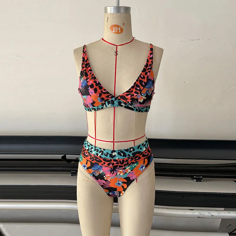 Women's high waist floral print bikini set in polyester for swimming