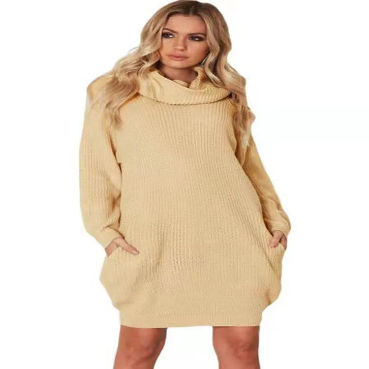 A mid-length apricot pullover sweater with a lapel neckline, loose fit, and side pockets on a hanger.