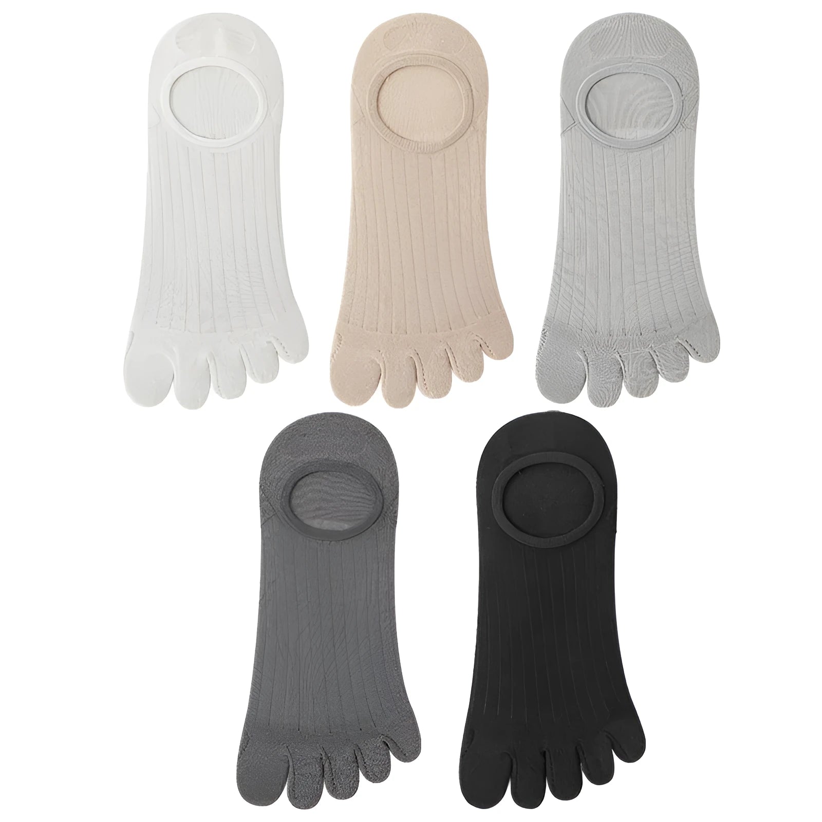 Men's five-finger invisible socks in modal fabric, shown in black, white, grey, and khaki colours