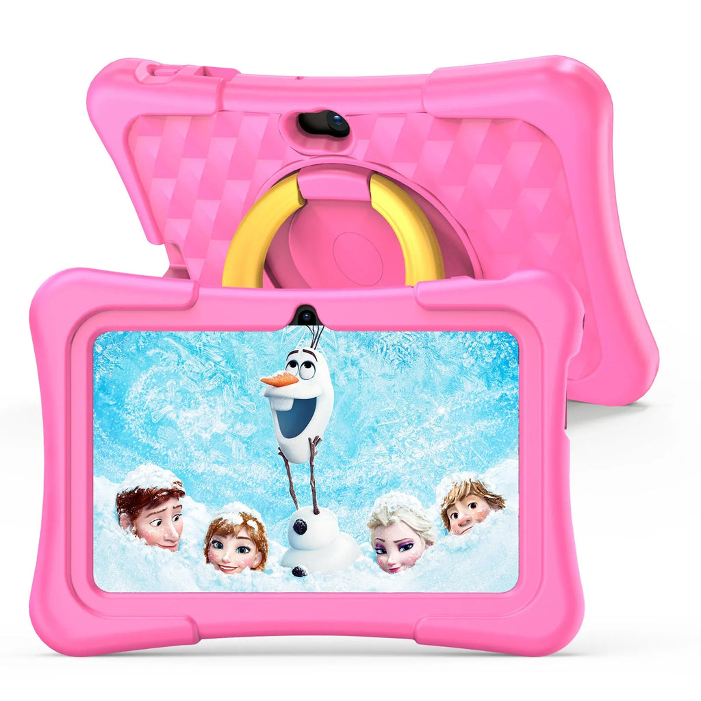Blue children's 7-inch tablet with silicone protective cover and a rotating handle bracket attached.