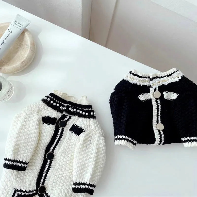 Korean princess style dog sweater with pearl collar for small dogs in black and white colours