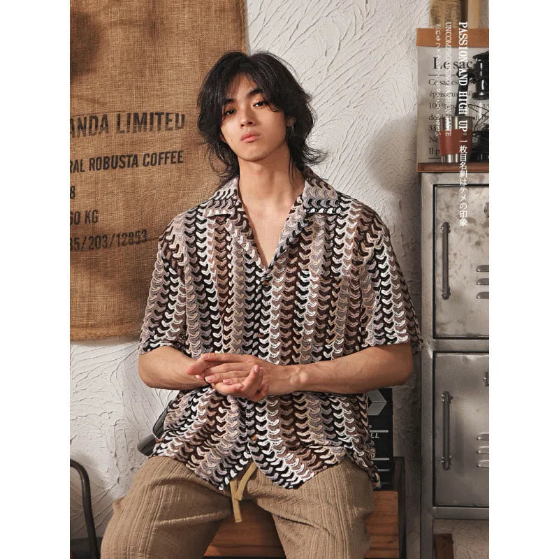 Grey plus-size Japanese-style Cuban collar short sleeve shirt with hollow jacquard texture.