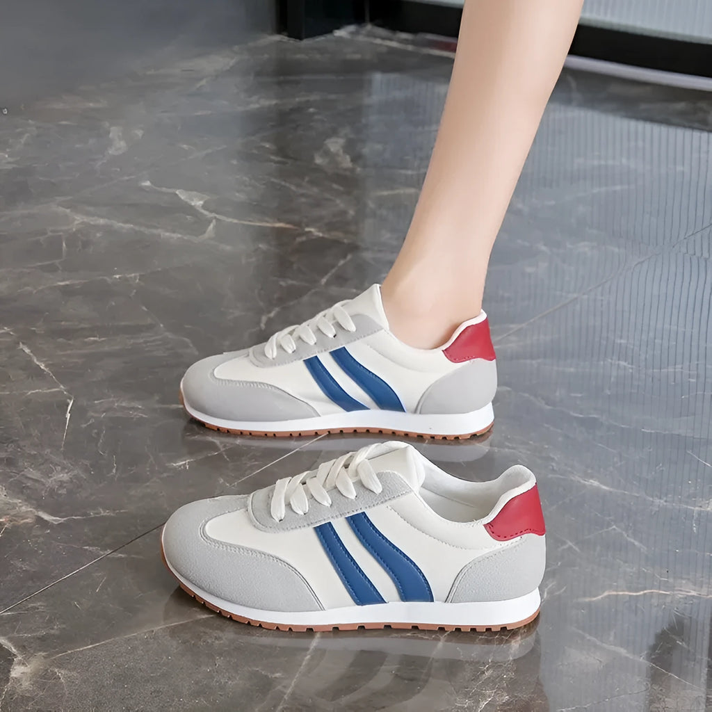 Blue and grey Cortez stripe leisure shoes with artificial PU uppers and flat rubber soles
