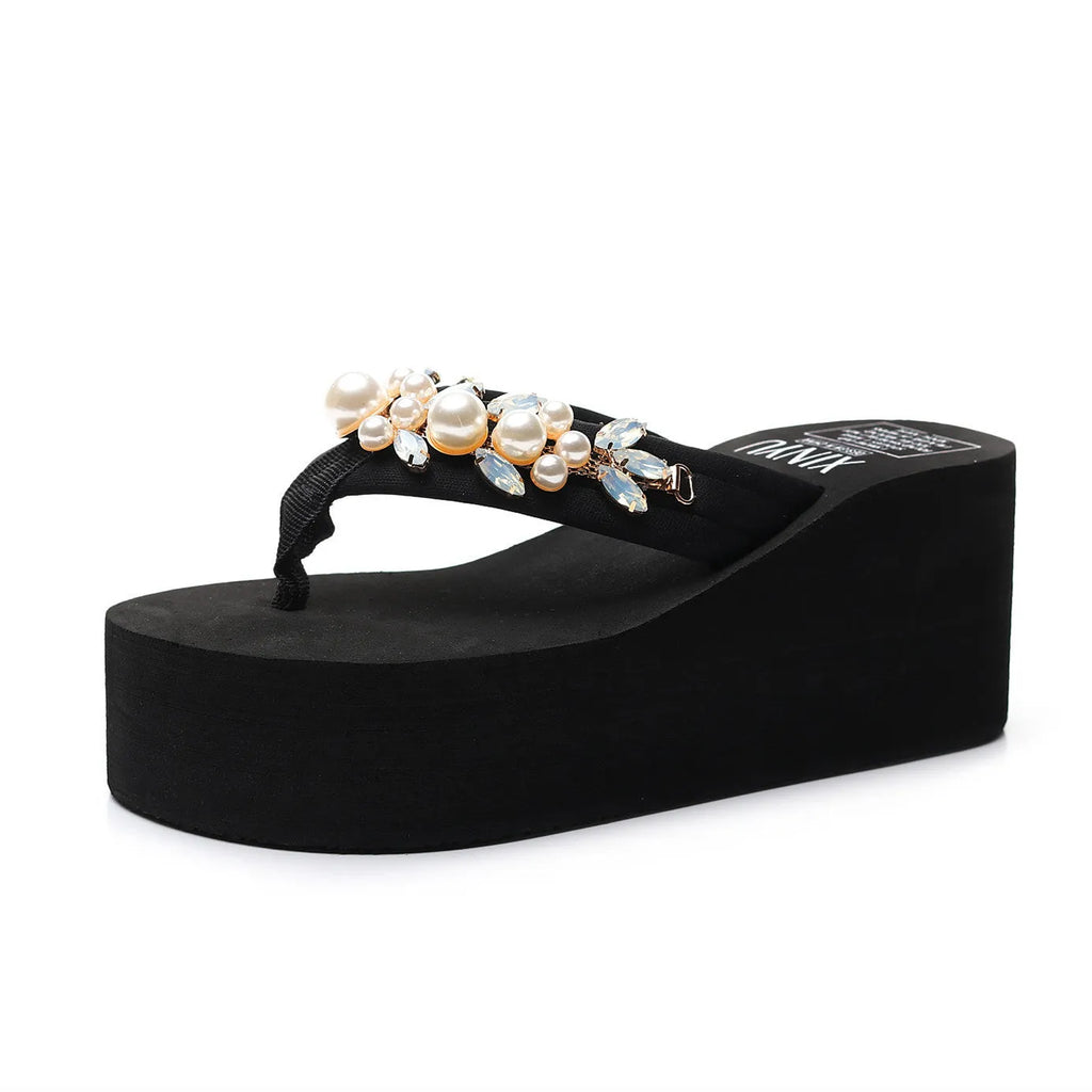 Women's black and beige heeled flip-flops with a cotton cloth upper, shown in sizes 35 to 40.