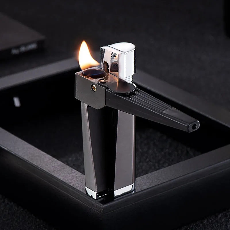 Folding metal pipe lighter showing open position with stash compartment visible