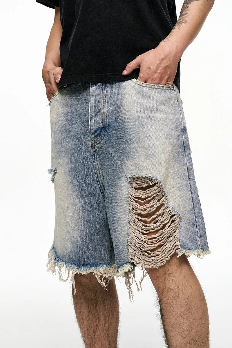 Men's light blue washed denim shorts with a baggy wide-leg fit and mid waist.