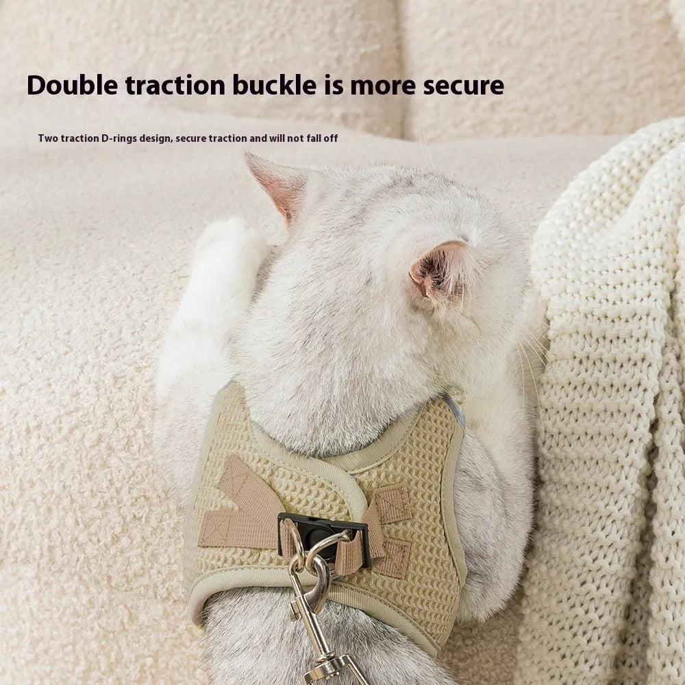 Waffle texture cloth cat harness chest strap in brown, shown in size medium on a mannequin.