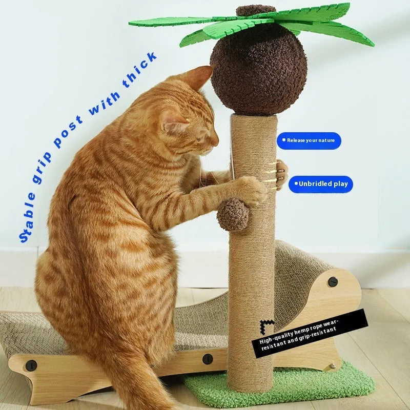 Wooden beach chair-style cat climbing frame with scratching posts and a woven hemp mat base.