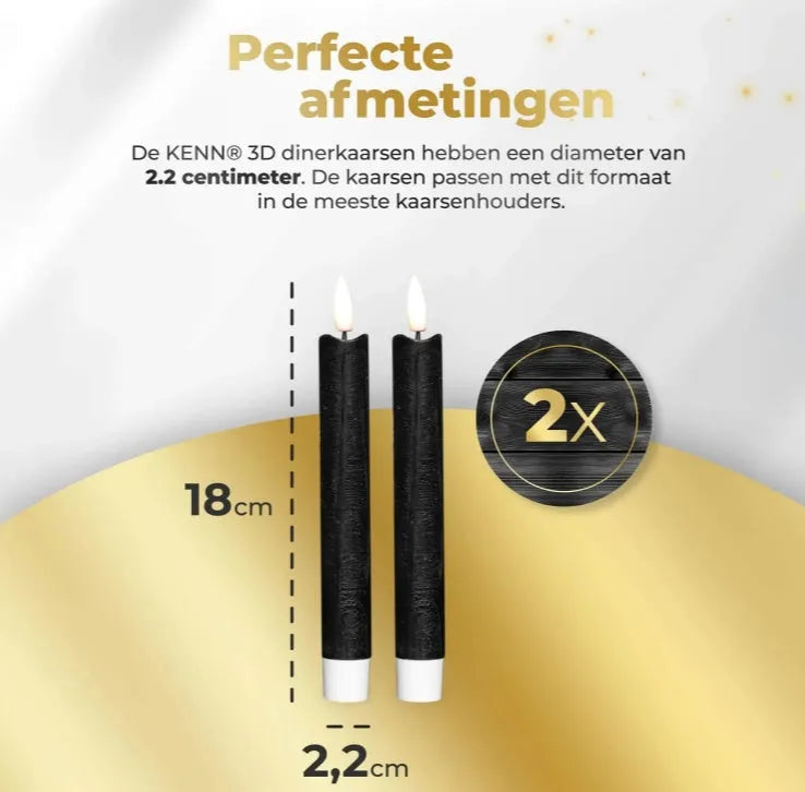 Set of four black LED taper candles with realistic 3D flame effect, measuring 18cm tall