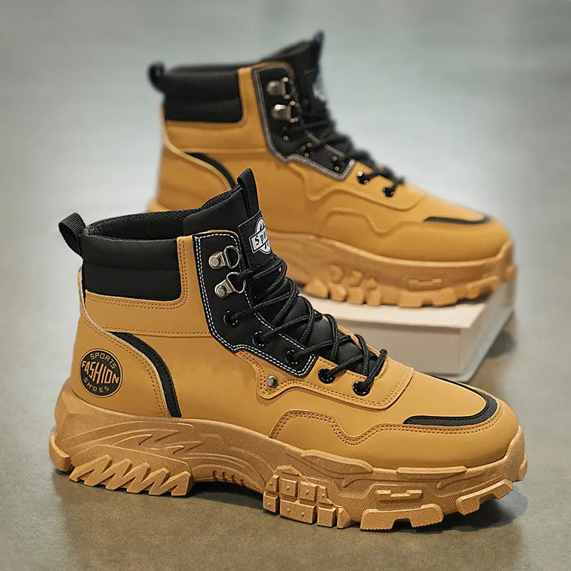 Men's black and yellow high-top Martin boots with a mid heel on a white background.