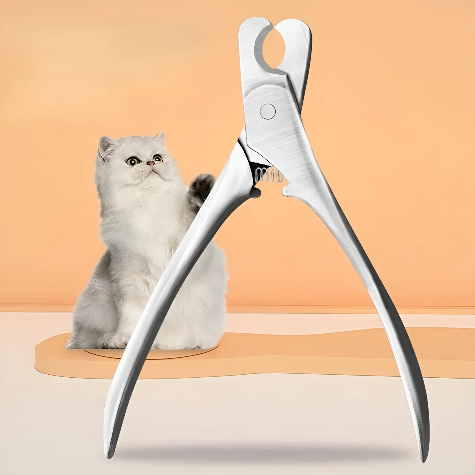 Silver stainless steel professional pet nail clipper with spring-loaded handles.