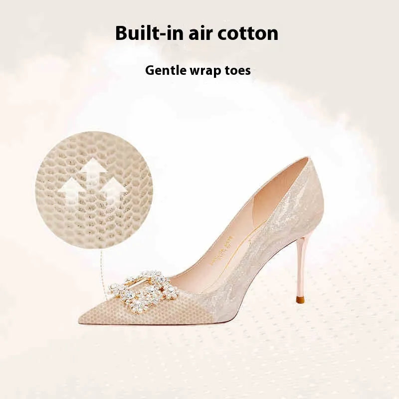 Champagne gold pointed toe stiletto high heels with rhinestone decoration
