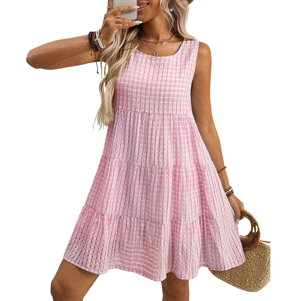 Women's loose sleeveless plaid dress with oversized swing skirt in light blue colour