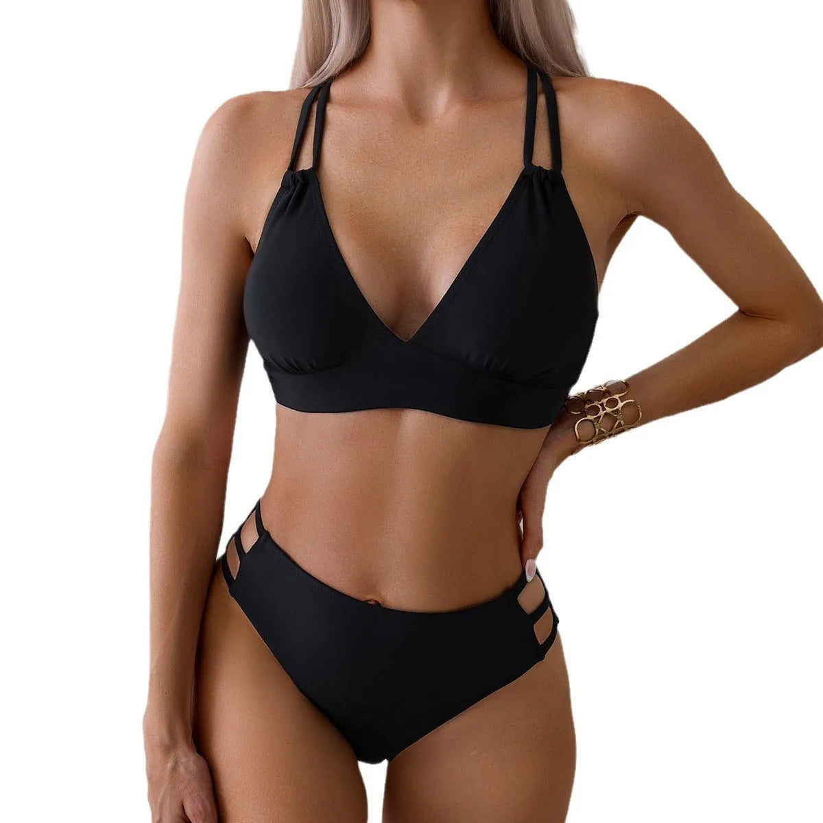 Women's black V-neck halter bikini with split leg shorts on a mannequin.
