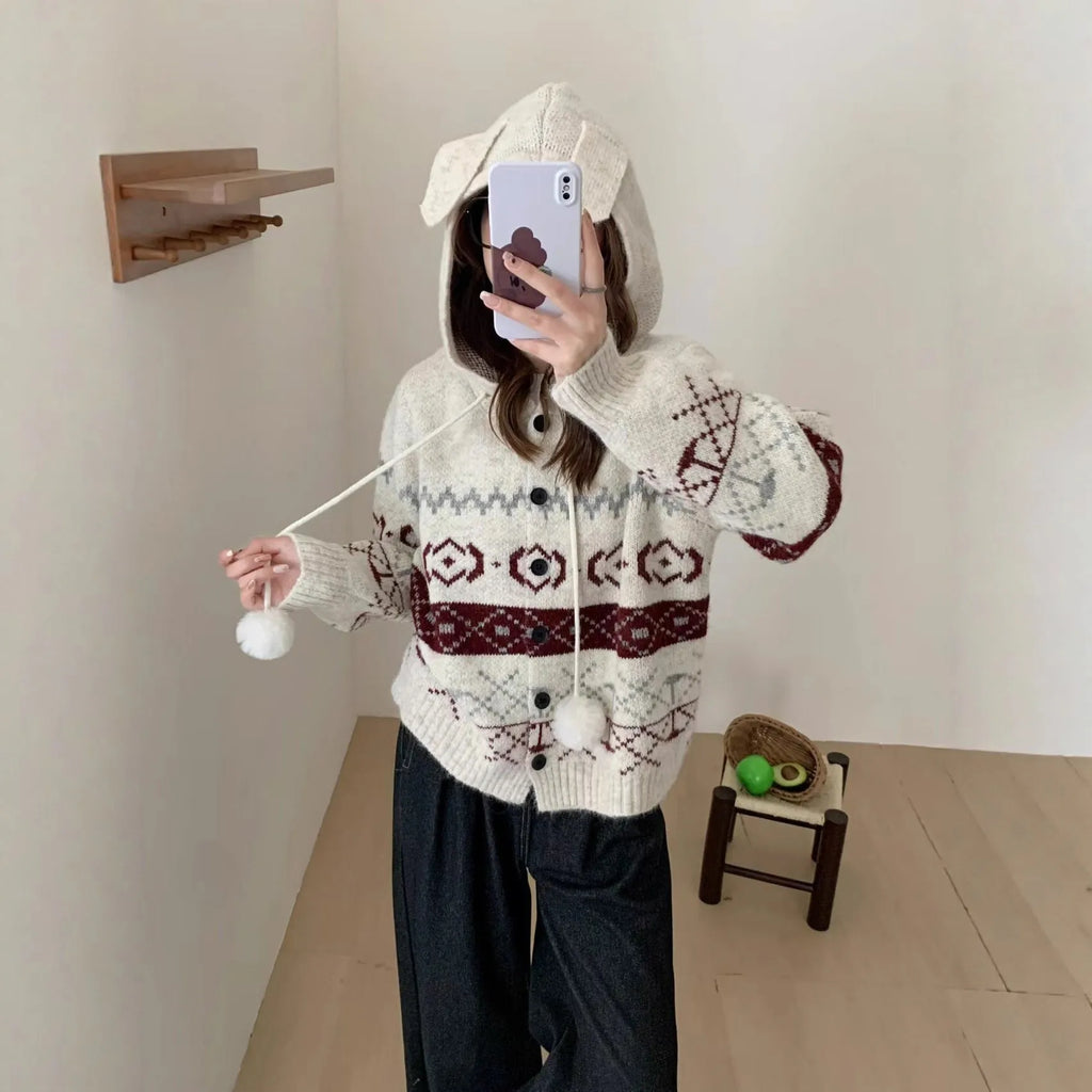 Women's loose fit geometric pattern brocade sweater coat in beige, free size.