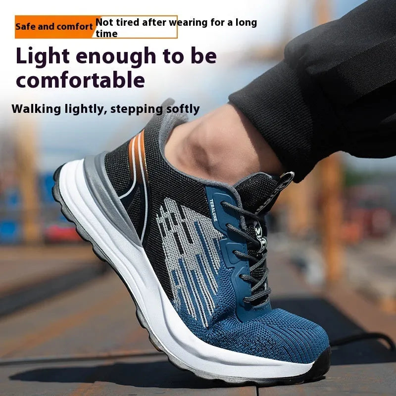 Men's blue safety work shoes with plastic toe cap, Flyknit mesh upper, and non-slip PU sole