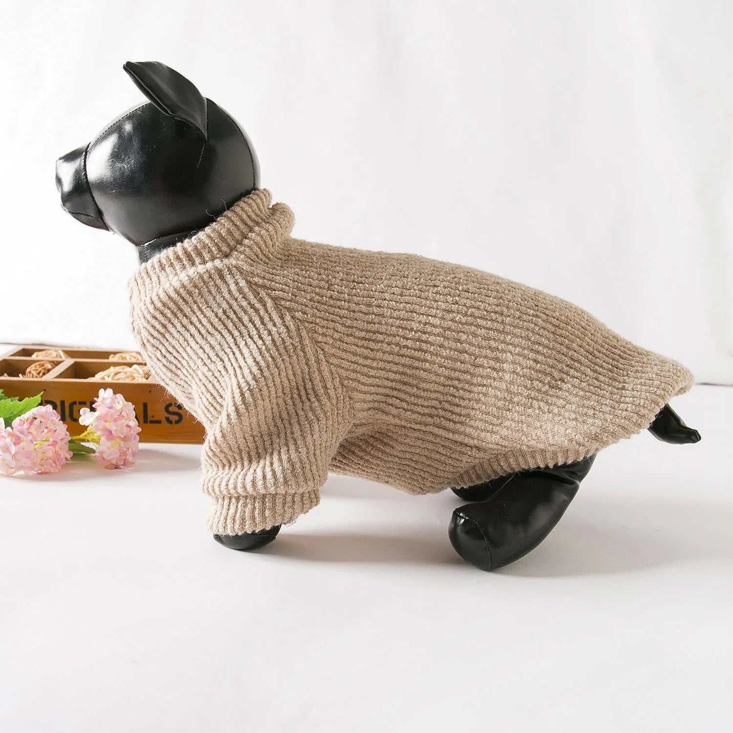 Brown cloth sweater for small dog on hanger with size tags XS S M L XL
