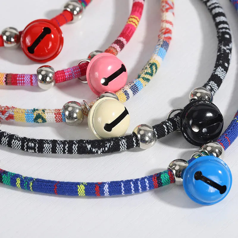 Ethnic pattern pet collar with bell feature for cats and dogs in various colours