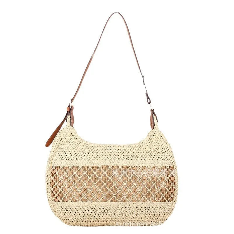 Women's casual straw cross body bag in horizontal square shape with sandwich pocket, khaki colour option