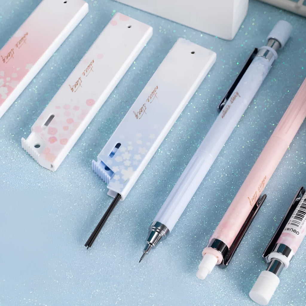Sakura law style cartoon automatic pencil set with three pens and HB refills in mixed colours
