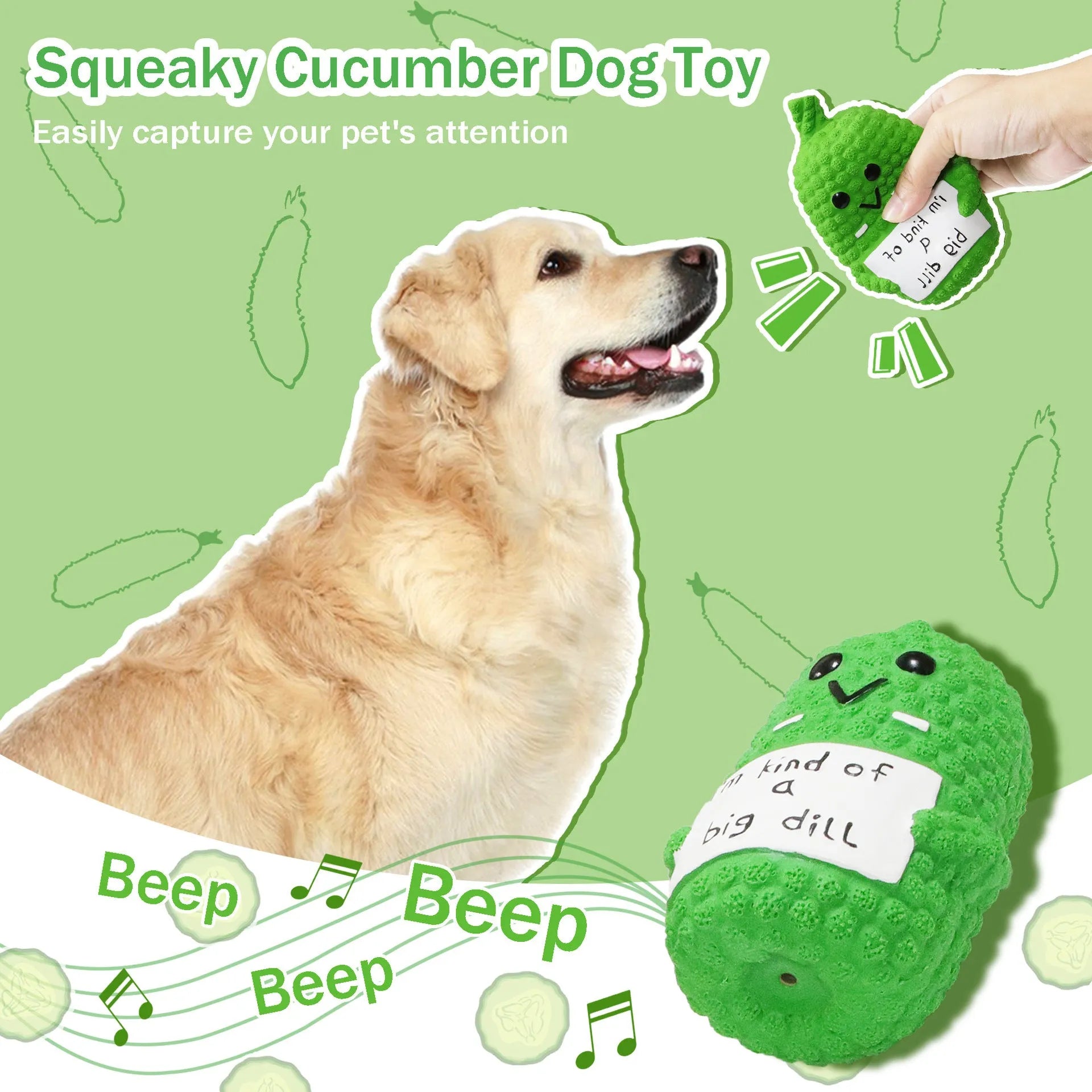 Green pickle-shaped squeaky dog chew toy with a textured surface for teeth cleaning.