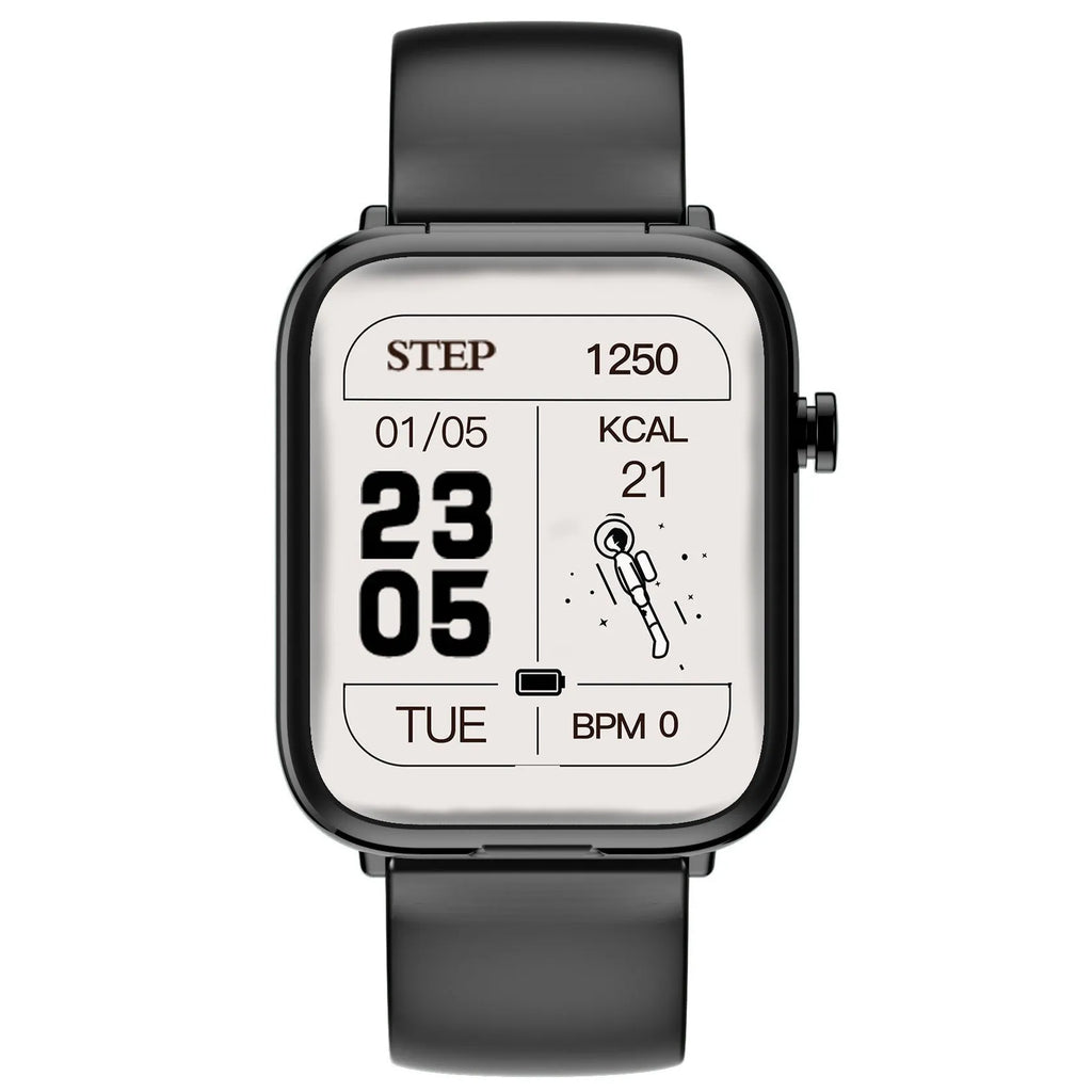 Black zinc alloy smartwatch with a 1.69-inch touch screen displaying a heart rate graph.