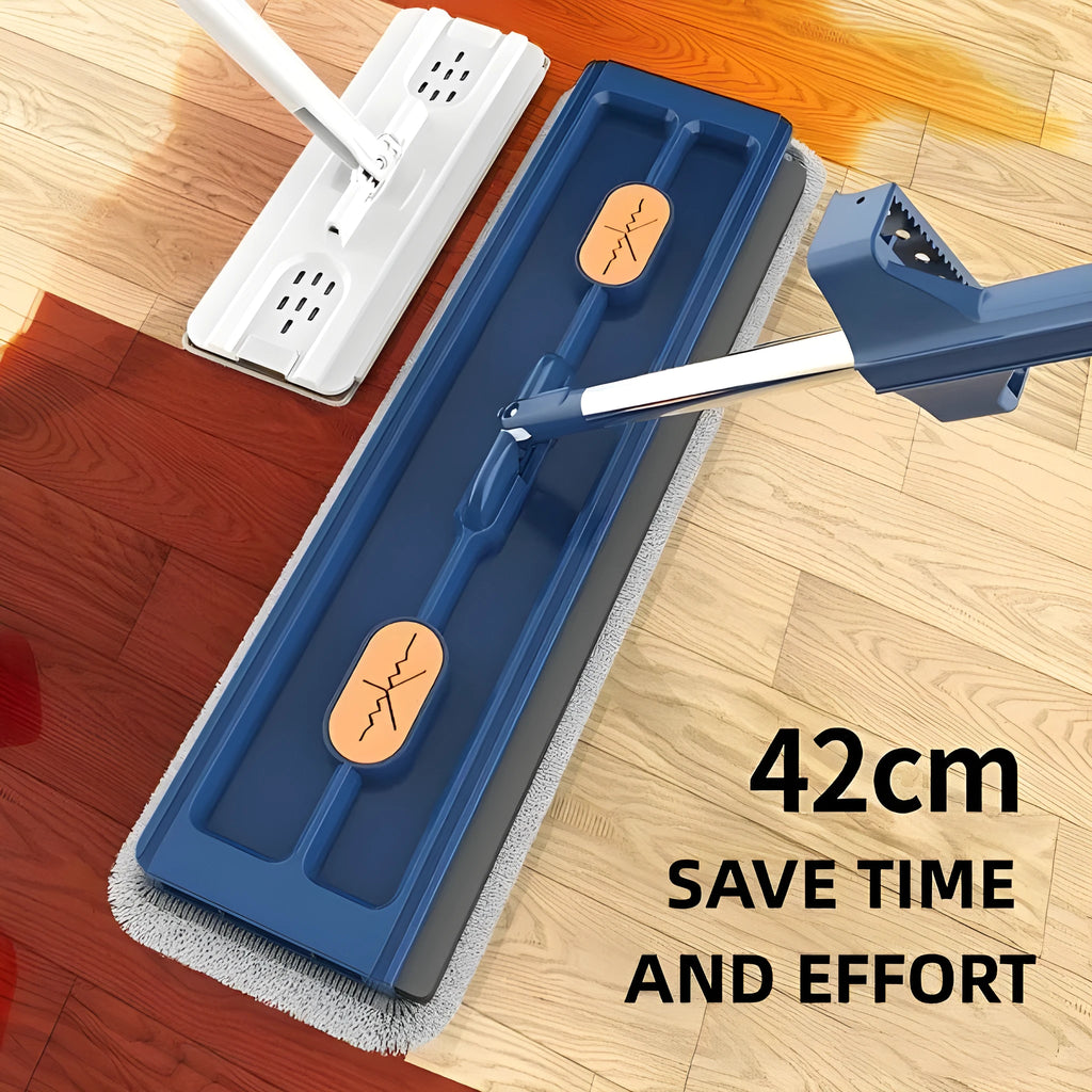 Large flat mop with long stainless steel handle and blue fine fibre cloth attached to a 360-degree rotating head.