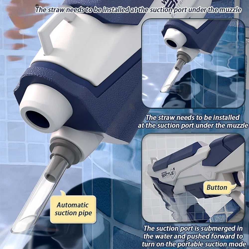 Blue electric water gun with automatic water absorption and USB charging cable