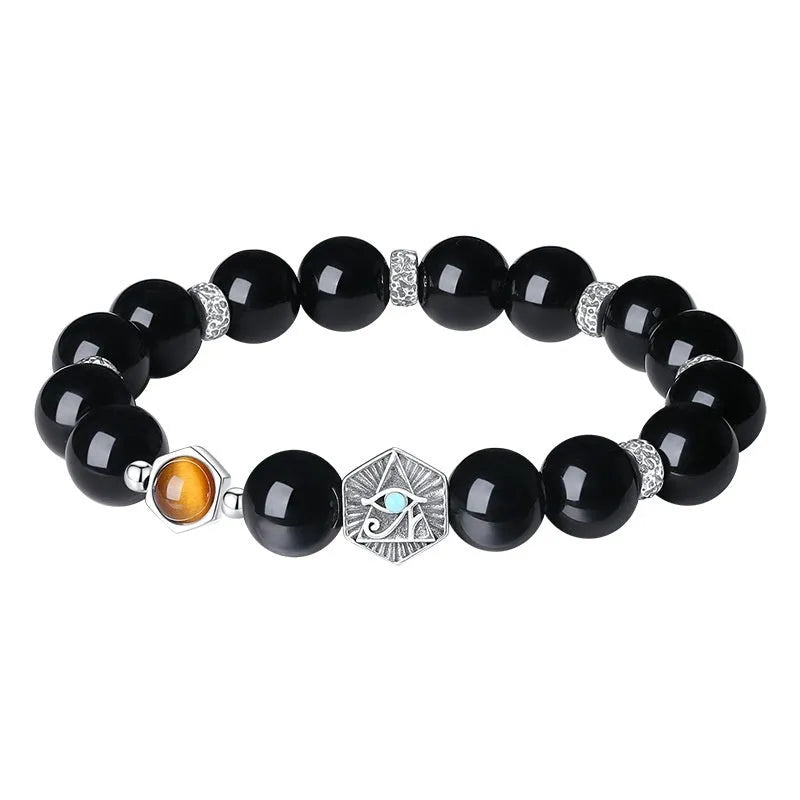 Men's retro God's Eye bracelet with 8mm obsidian inlay set in a sterling silver S925 band.