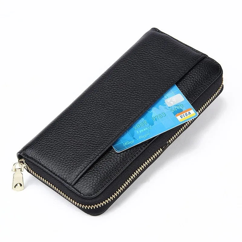 Genuine leather long bifold wallet for women with RFID protection in a choice of six solid colours.