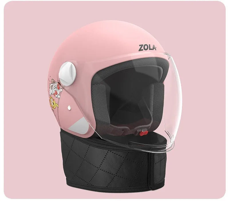 Blue winter electric bicycle helmet with anti-fog visor and attached neck scarf.